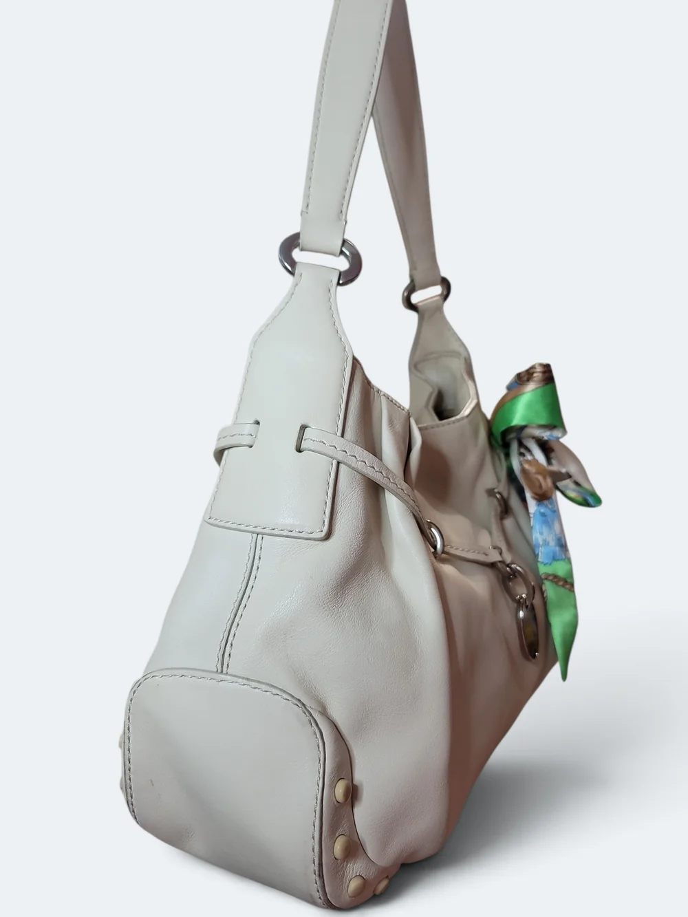 Tod's Cream Leather Hobo with Decorative Green-Blue Scarf Preloved